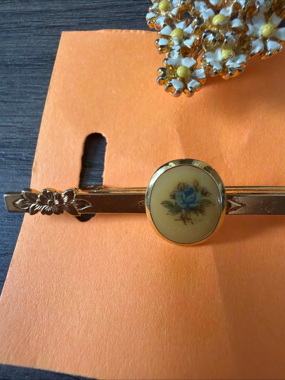 Vintage Gold and Silver Floral Brooch Set -Enamel Blue Rose Bar Pin, Sheaf, Dais
